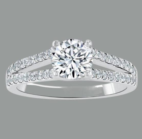Round Cut Moissanite Engagement Ring, Tiffany Style Double Row Band