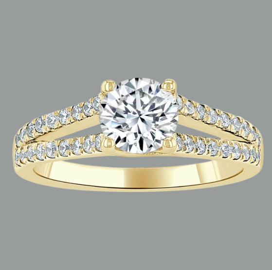 Round Cut Moissanite Engagement Ring, Tiffany Style Double Row Band
