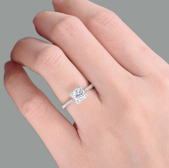 Round Cut Moissanite Engagement Ring, Art Deco Design