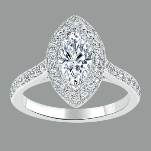 Marquise Cut Moissanite Halo Engagement Ring, Tiffany Style