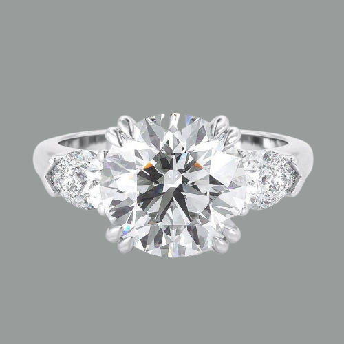 2.50ct Round Cut Moissanite Engagement Ring, Pear Cut Side Stones