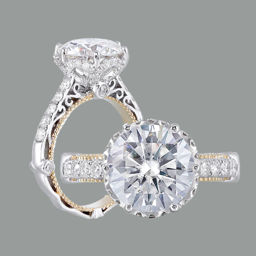 Round Brilliant Cut Moissanite Engagement Ring, Vintage Design